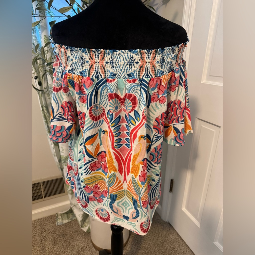 Flying Tomato off the shoulder top ivory tropical parrot blouse
